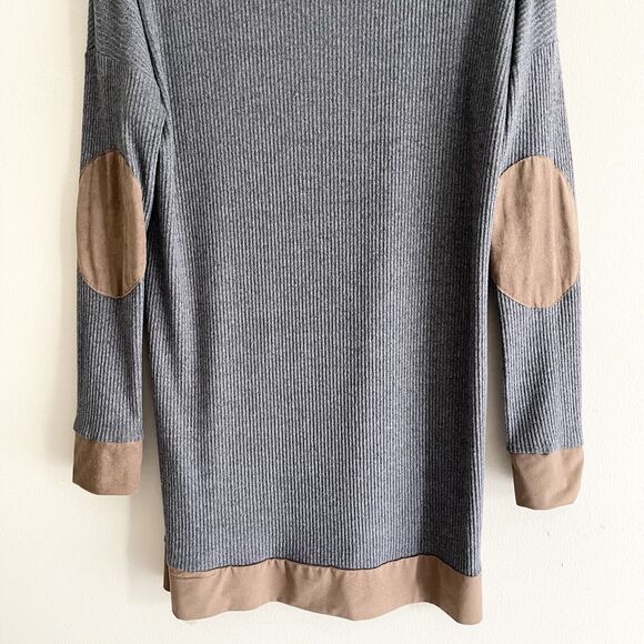 Peach Love Gray Waffle Knit Long Line Shirt S Brown Elbow Patch Soft California - Picture 6 of 10